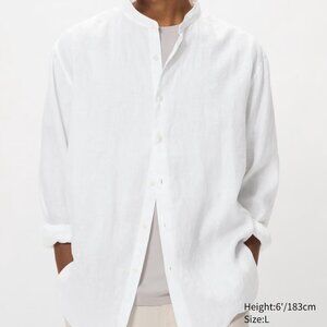 Uniqlo White Premium Linen Shirt Stand Collar